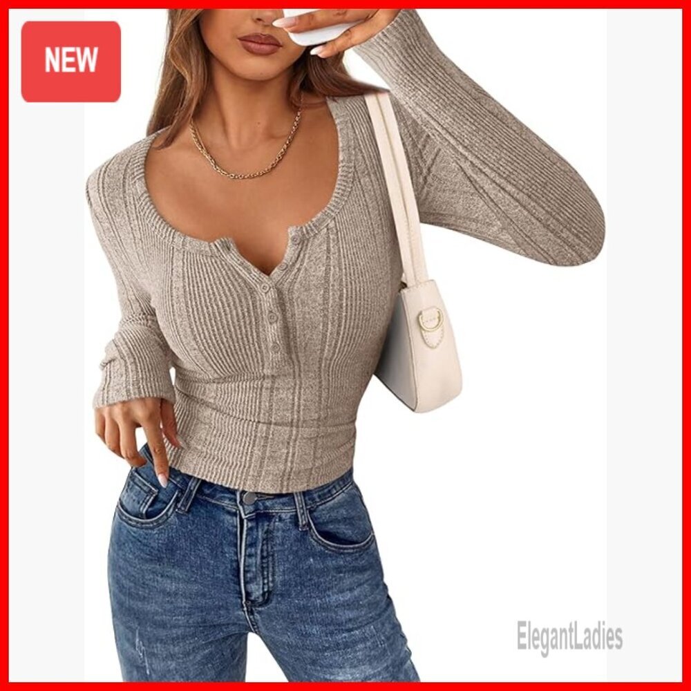 Long Sleeve Ribbed Henley Top Slim Fit Tee Blouse Women's